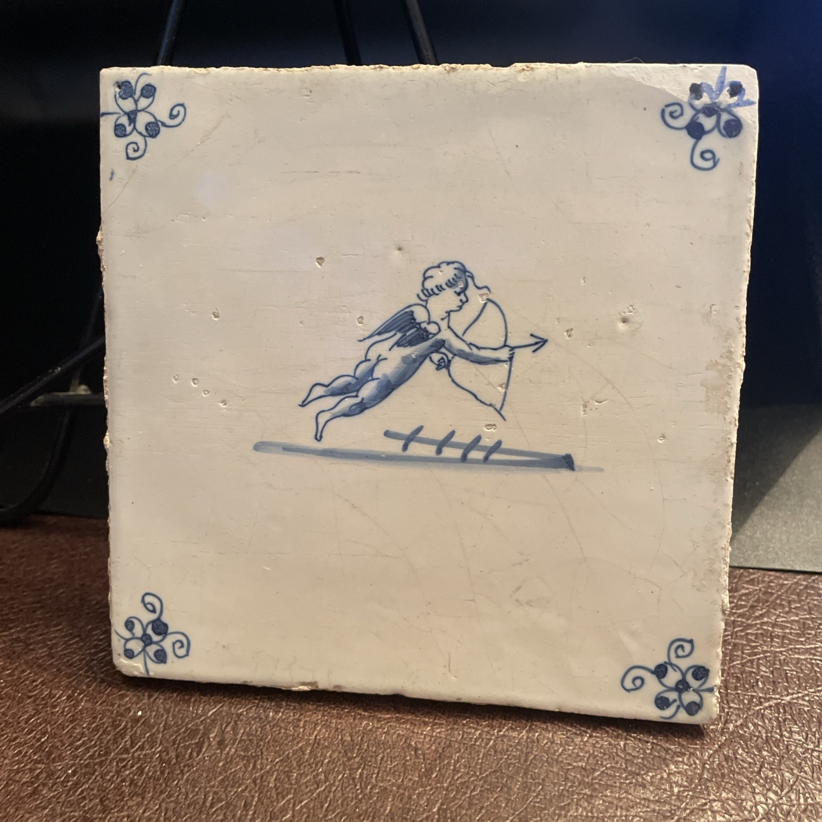 Angel Dutch Delft blue biblical tile 18th C. Christian Antique Old Cherub Bow Ox