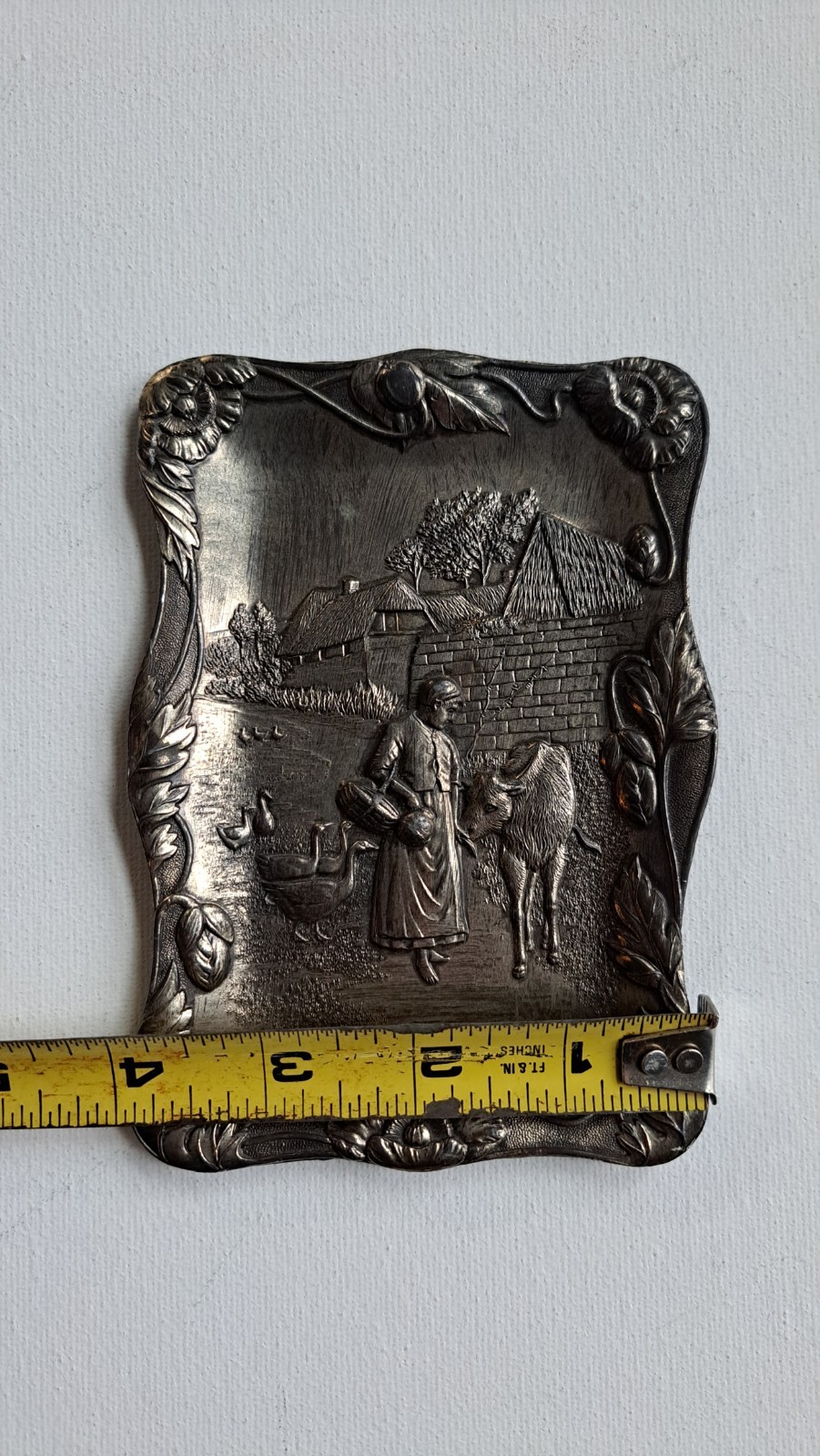 Antique Silver Plate EMBOSSED REPOUSSE TRAY TRINKET DISH Animal Floral Japan Cow