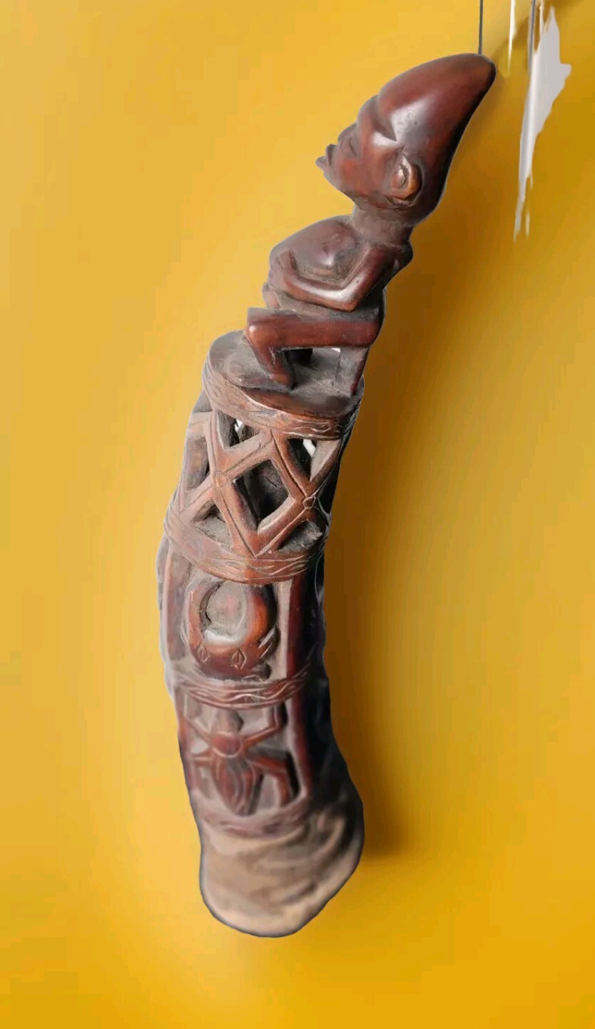 Antique African wood statue tribal art Bamileke horn 22″ fertility