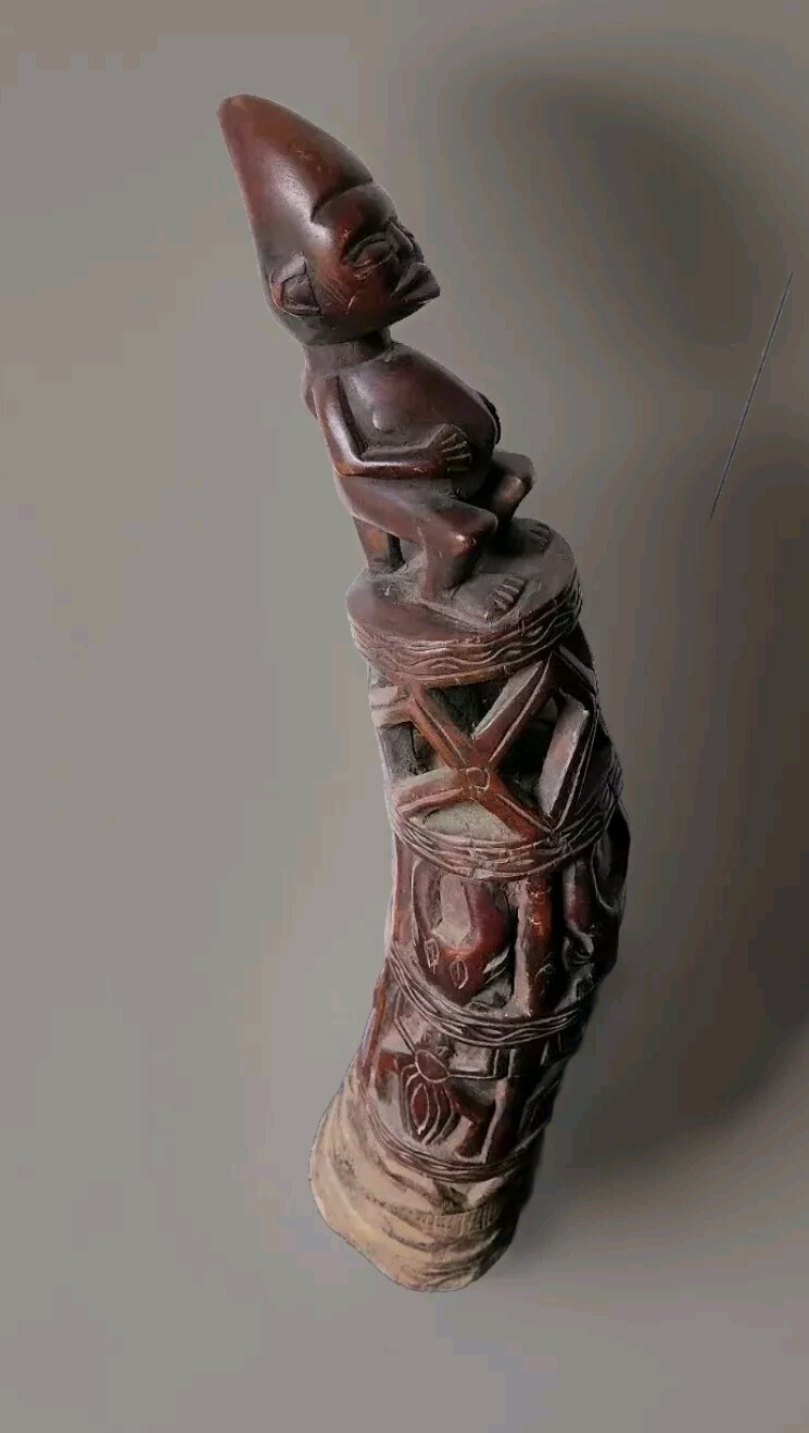 Antique African wood statue tribal art Bamileke horn 22″ fertility