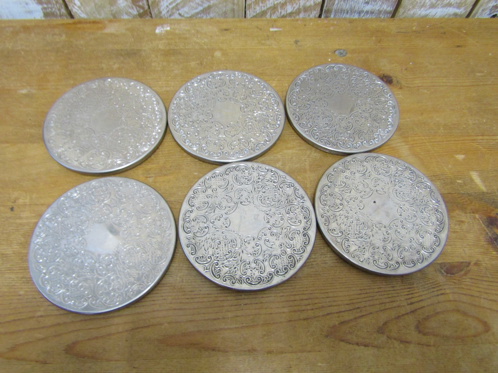 Vintage Set Of 6 SILVER PLATED DRINKS COASTERS uncleaned