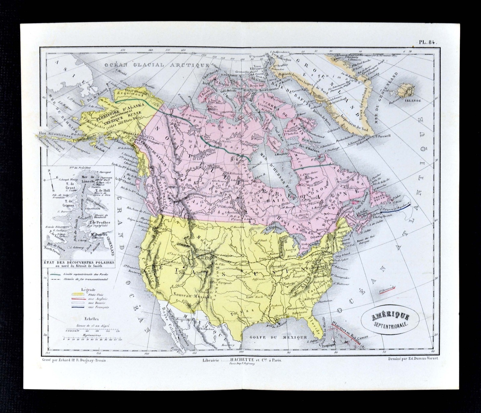 1877 Dumas-Vorzet Map – North America United States Canada Russia Alaska Arctic