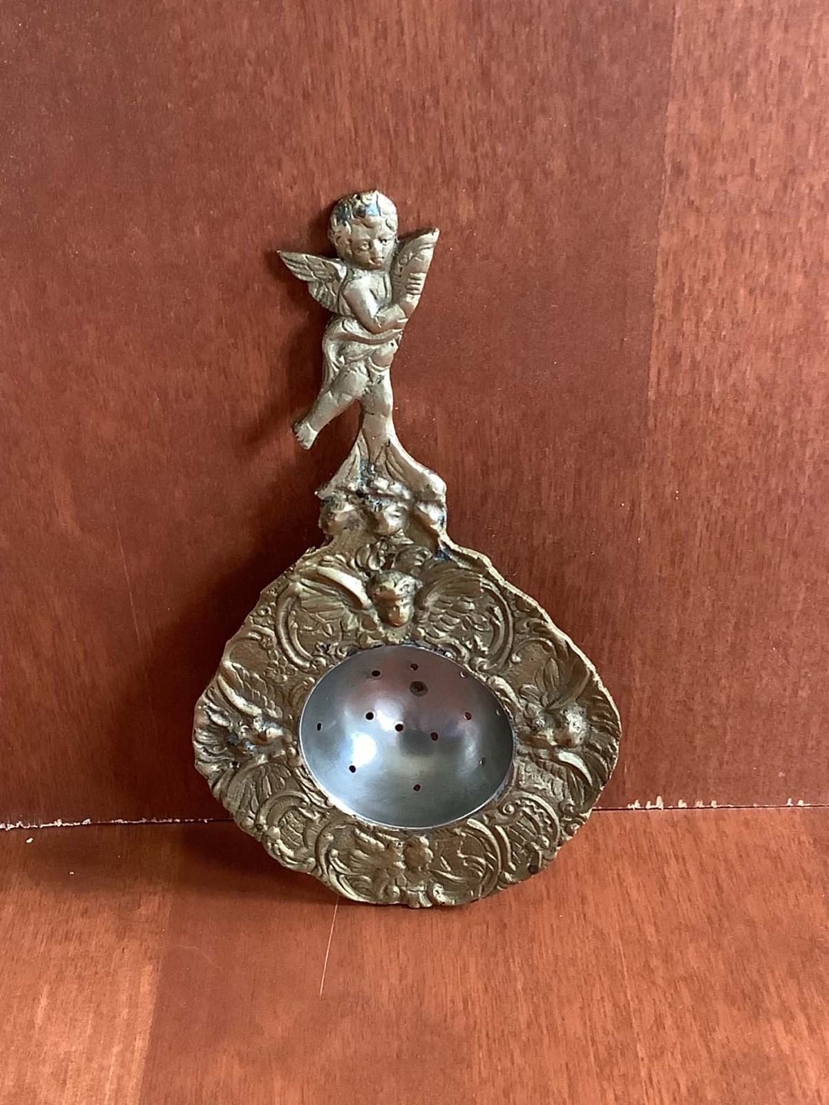 Antique Ornate Early 1900s Italian Brass & Silver Tea Strainer Cherubs Gorgeous