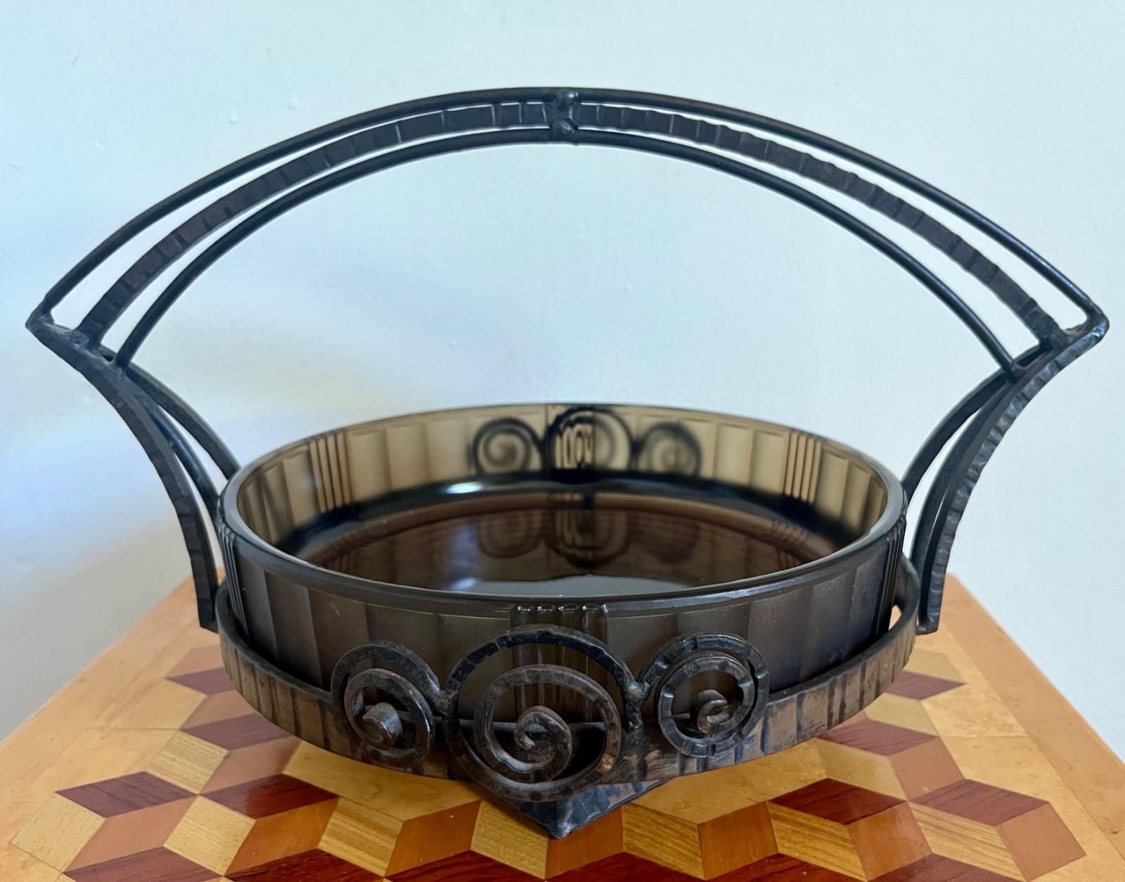 Antique Art Deco Wrought Iron & Glass Centrepiece Bowl Basket Muller Freres?