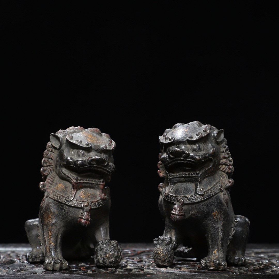 5.1″ Old Collection Treasure Bronze Gilt A Pair [ Lion ] Ornaments
