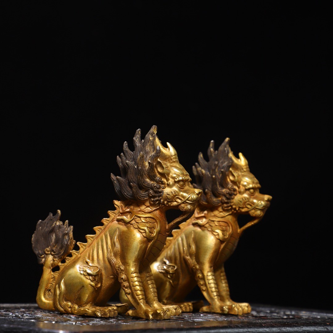 5.9″ Old Collection Treasure Bronze Gilt A Pair [ Kylin ] Ornaments