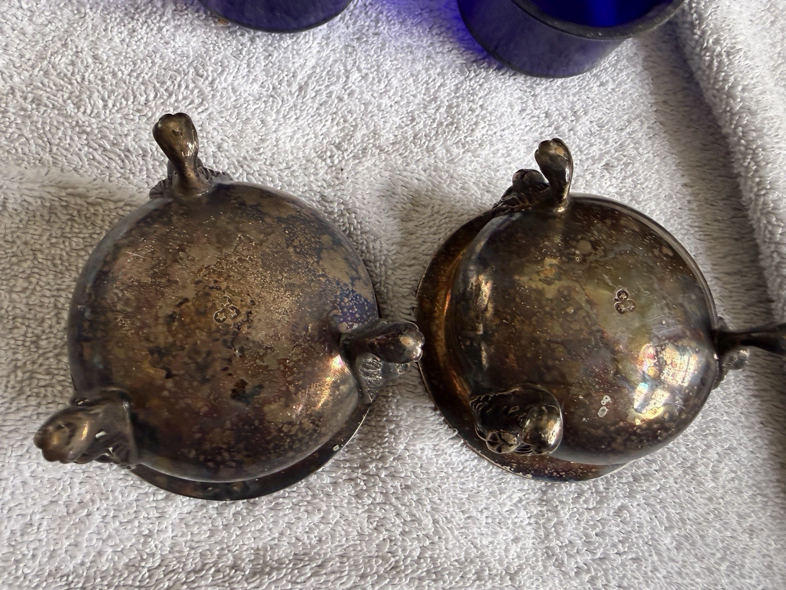 Antique Silverplate Lion Paw Footed Bowls with Cobalt Glass Inserts, 1850-1899