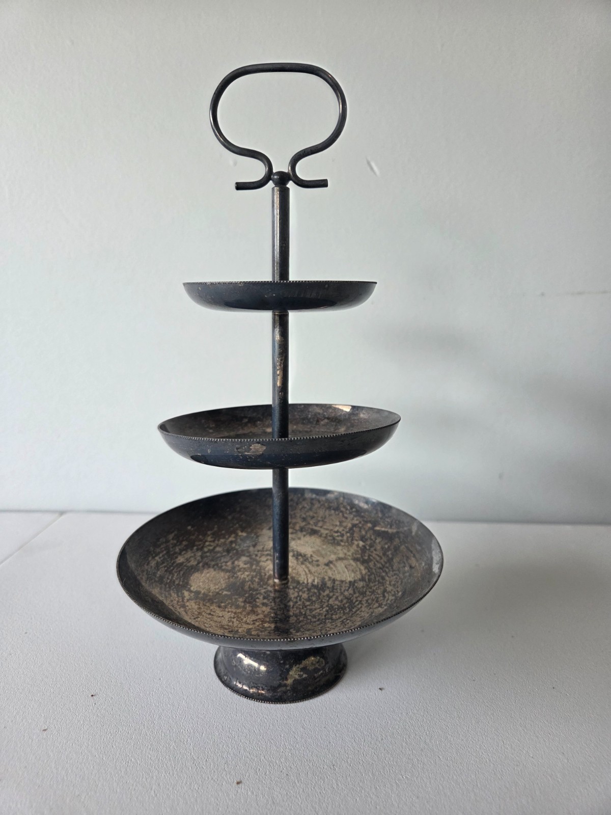 Vintage Italy Silver Metal 3 Tiered Serving Stand or Jewelry Tray Display Stand