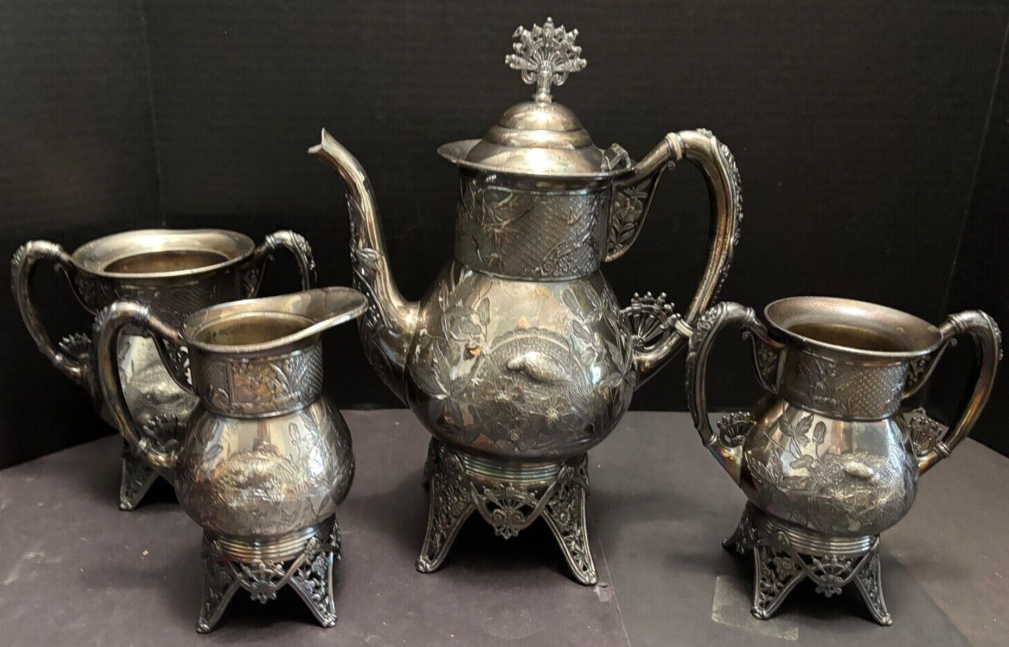 Meriden Silverplate 4pc TEA SET Aesthetic Style Birds Flowers Pierced Feet