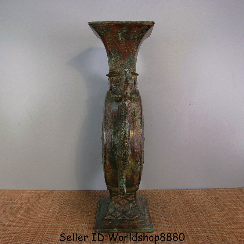 14.8″ ANTIQUE OLD CHINA BRONZE WARE DYNASTY DRAGON BEAST FACE BOTTLE VASE VESSEL