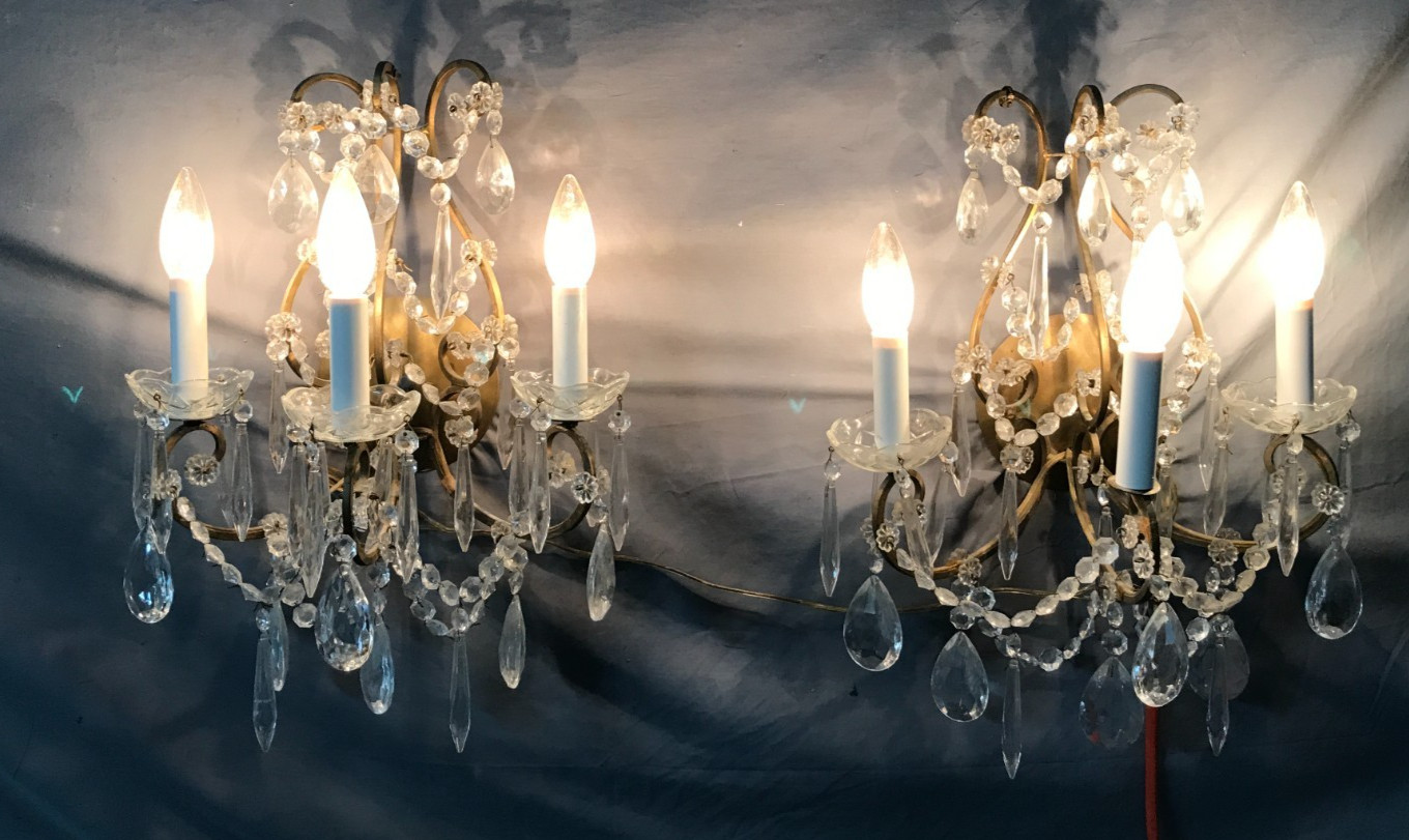Pair VTG Italy tole Glass Prism shabby Sconce Wall Lights Candelabra 1478-25B