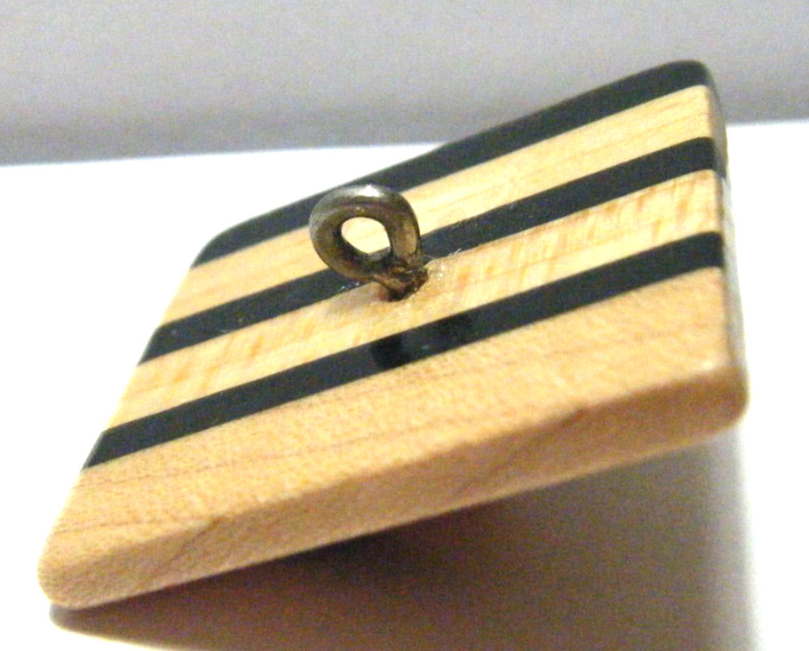 Vtg button large wooden square pyramidal shape Marquetry ART inlay metal shank