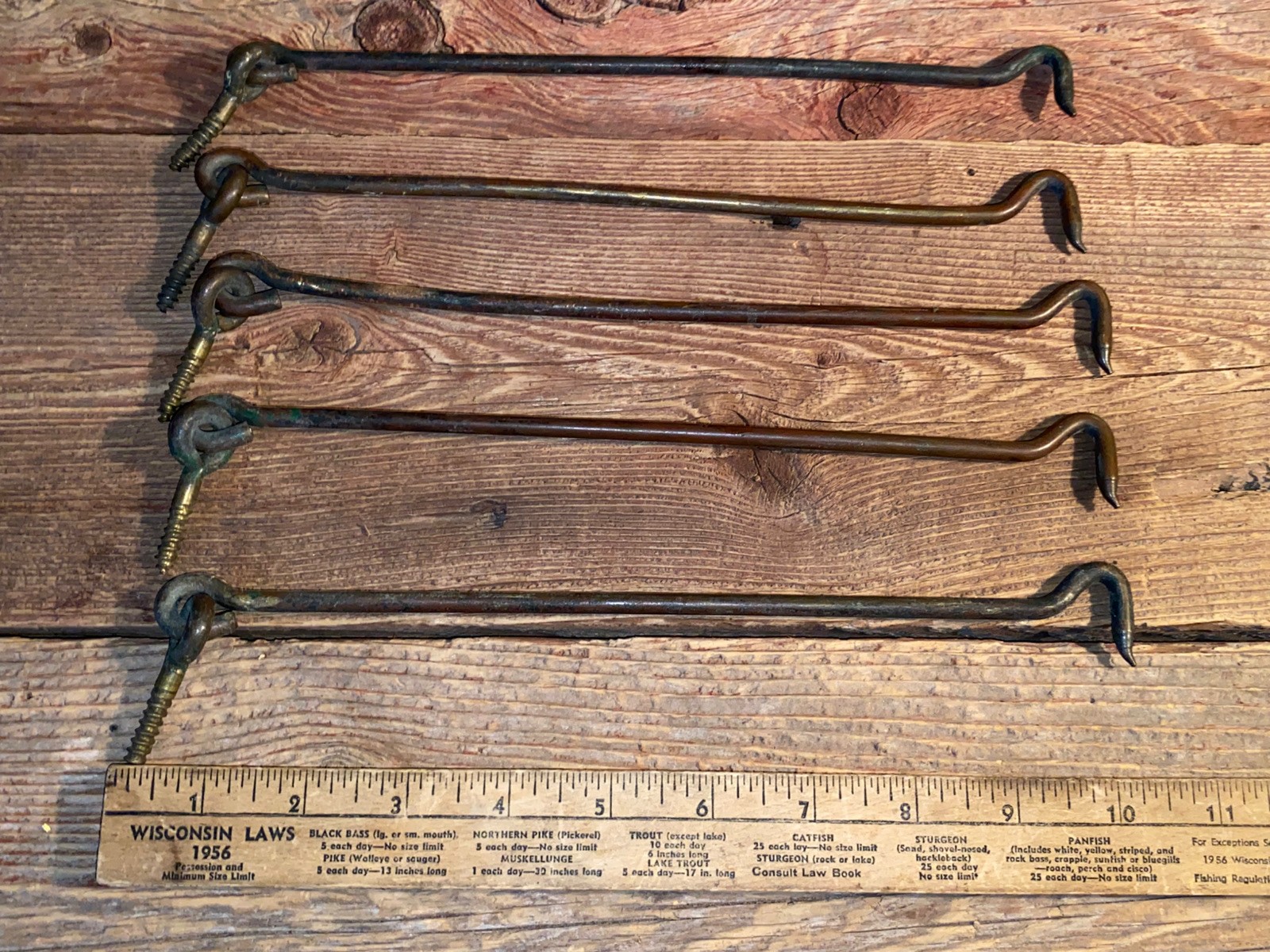 Vtg Antique LOT of 5 BRASS 10″ Barn Door or Gate LATCH HOOKS w/Eye Hook Salvage