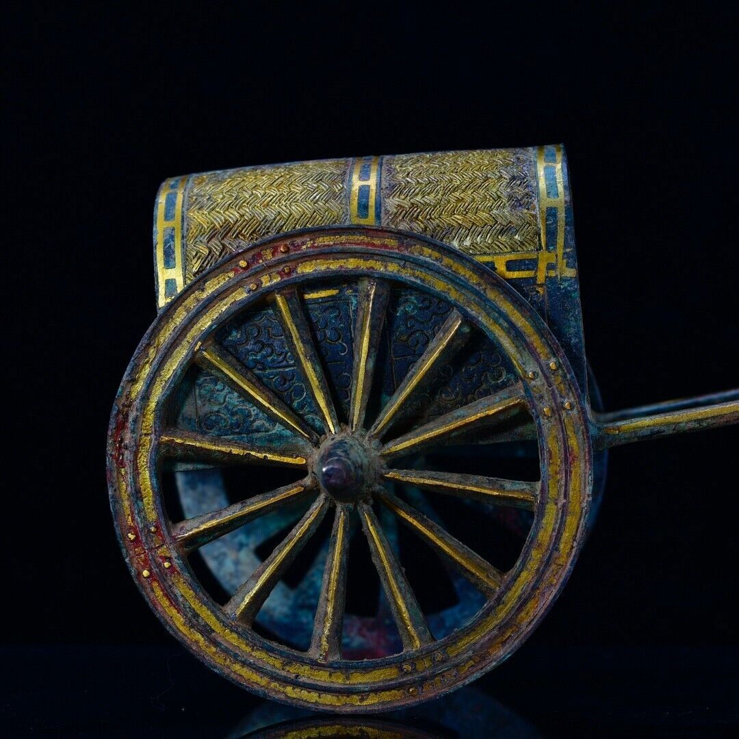 14” Ancient China Bronze gilt Ware Dynasty War Horse drawn cart Sculpture