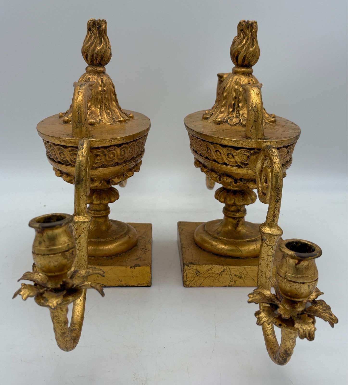 Pair French Empire Style Gilt Iron & Composition Swan Form Candelabra