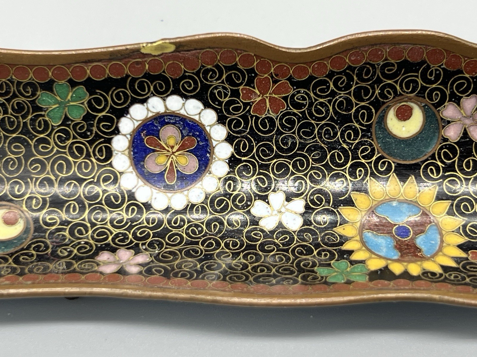 Antique Japanese Enamel Over Bronze Brush Pen Footed 6” Tray