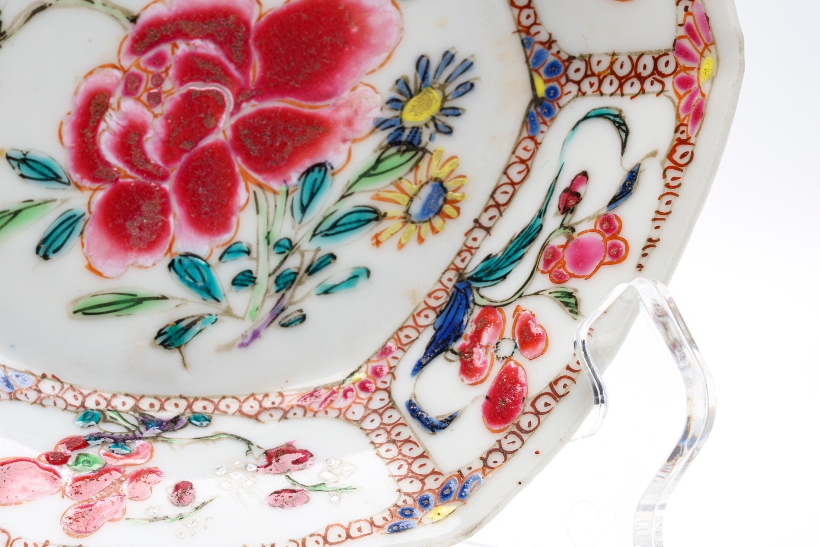 Chinese Porcelain Yongzheng Saucer Famille Rose Flower Symbol Scrolls Qing 18C