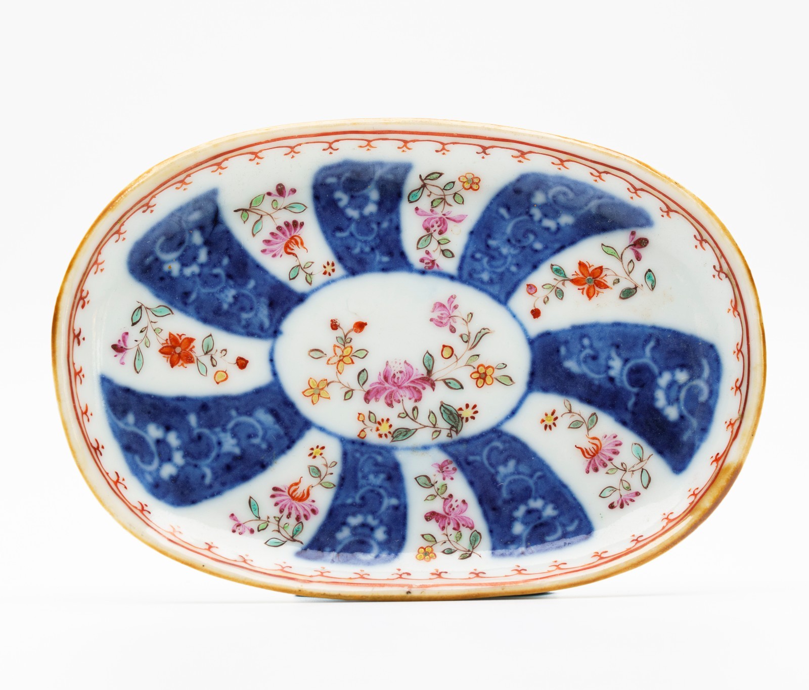 Chinese Qianlong Porcelain Tea Stand Famille Rose Blue Gilt Brown Rim Qing 18C