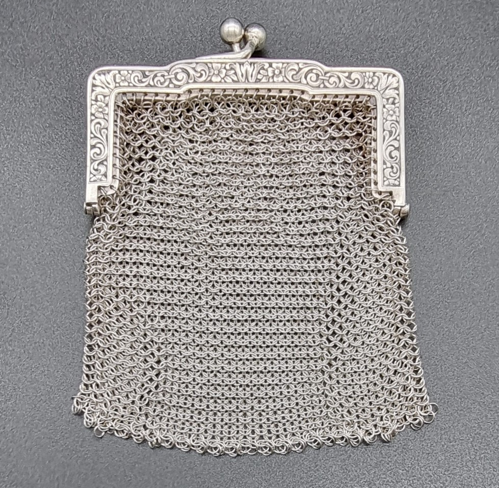 ANTIQUE VICTORIAN STERLING SILVER/800 ENGRAVED PURSE/MESH/SAN FRANCISCO/C1900