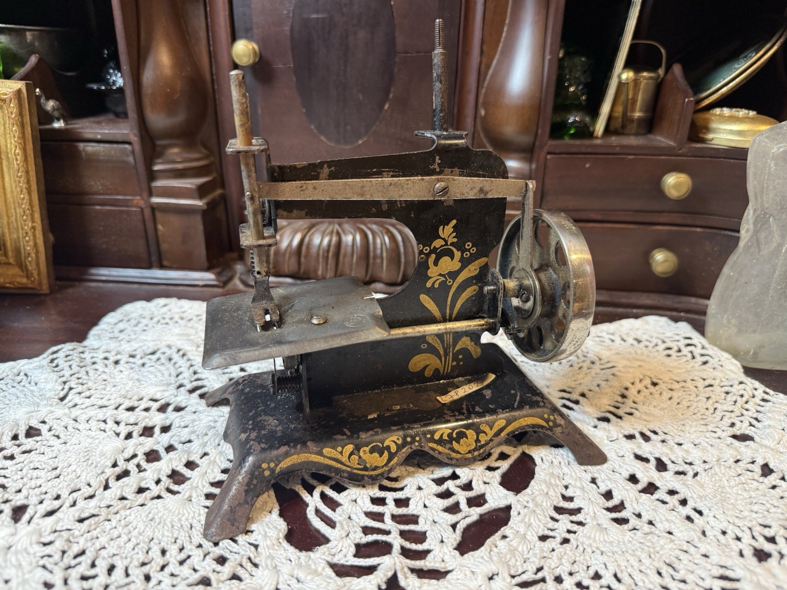 Antique Miniature Hand Crank Sewing Machine Black Metal Gold Accents Pre-1930