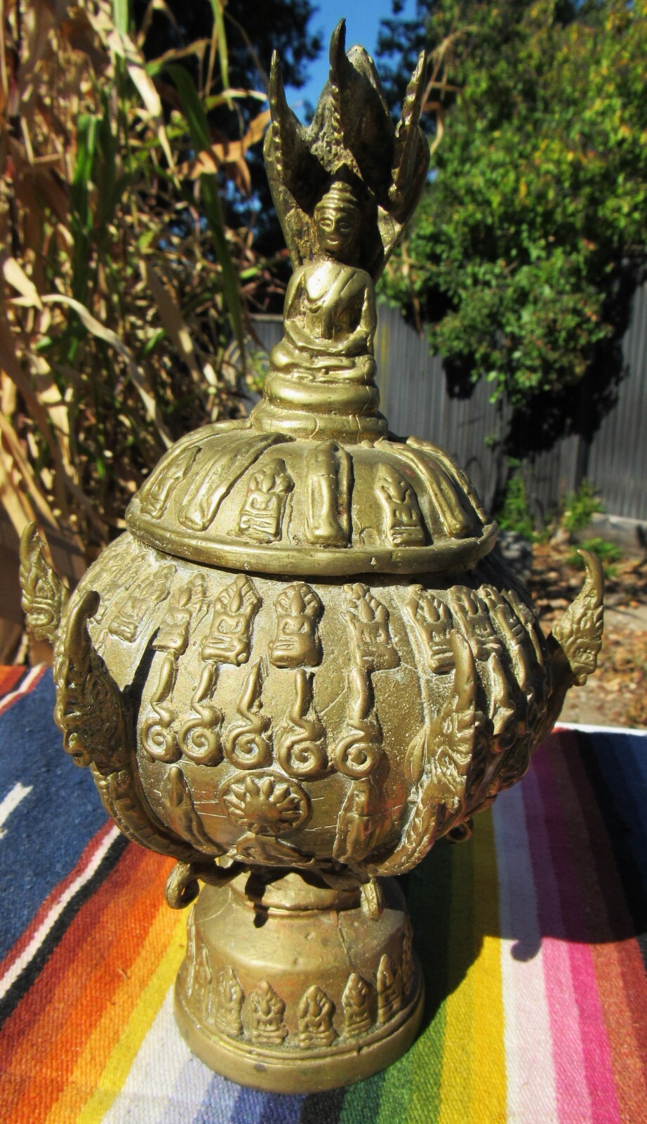 FINE ORNATE ANTIQUE BRONZE BUDDHIST TEMPLE LIDDED WATER OFFERING BOWL THAILAND