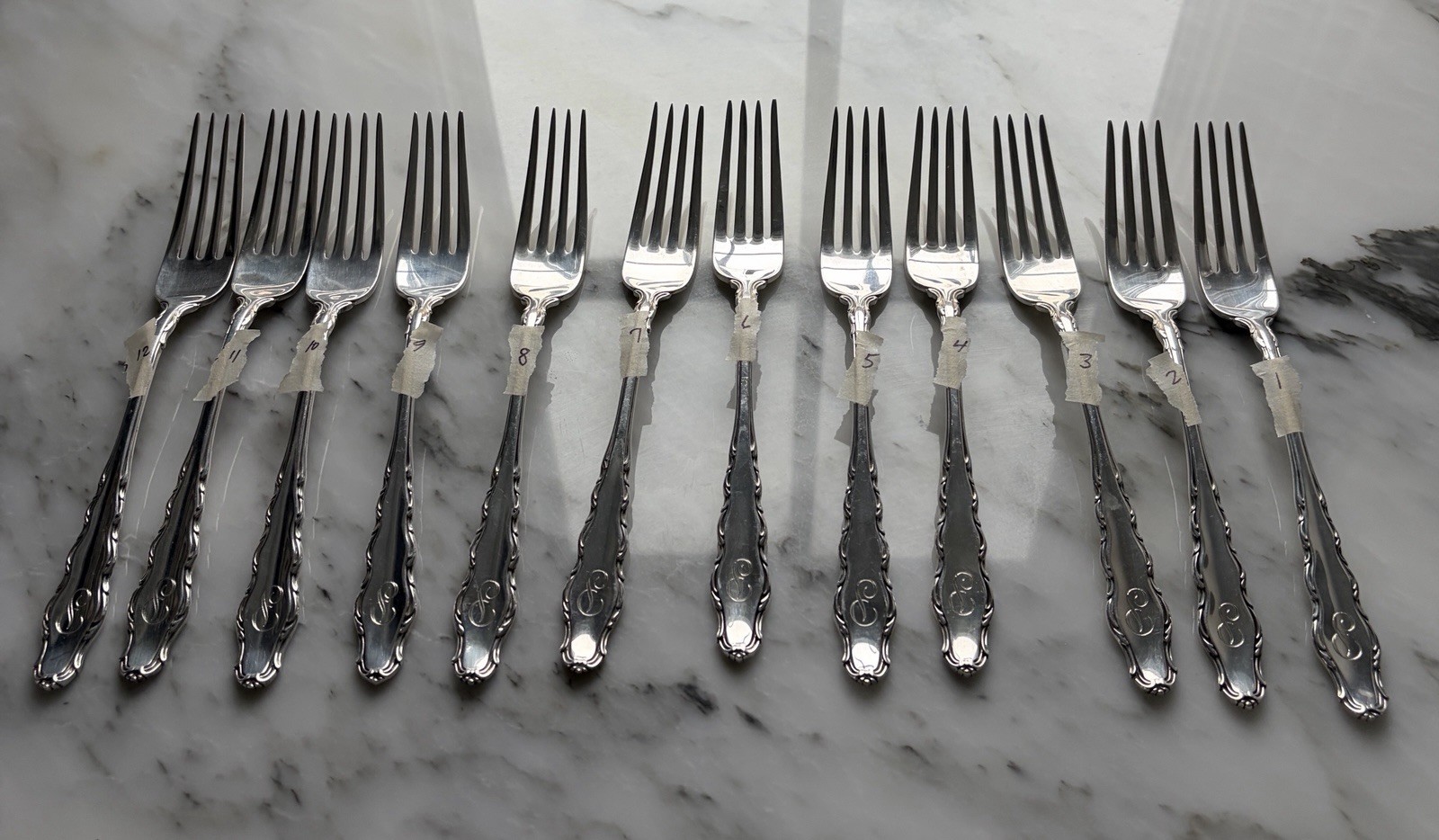 Reed and Barton Sterling, English Provincial, Dinner Forks-12 Monogram’P’