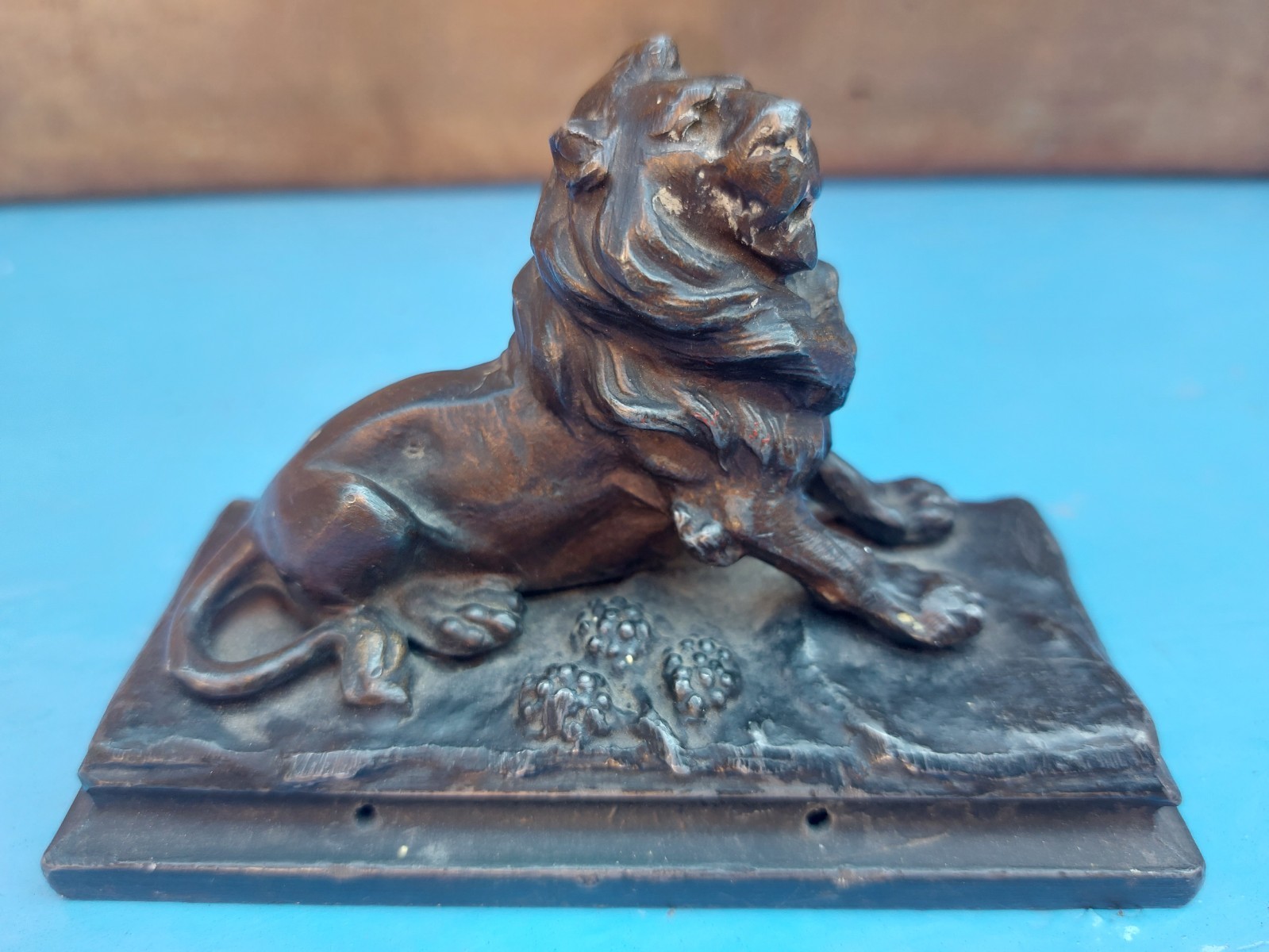 Vintage French cast metal lion on base, desk ornament, spelter