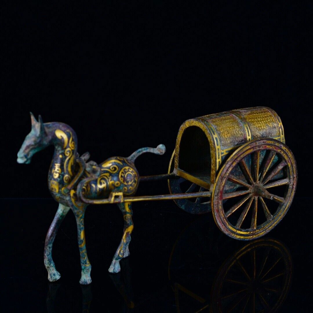 14” Ancient China Bronze gilt Ware Dynasty War Horse drawn cart Sculpture