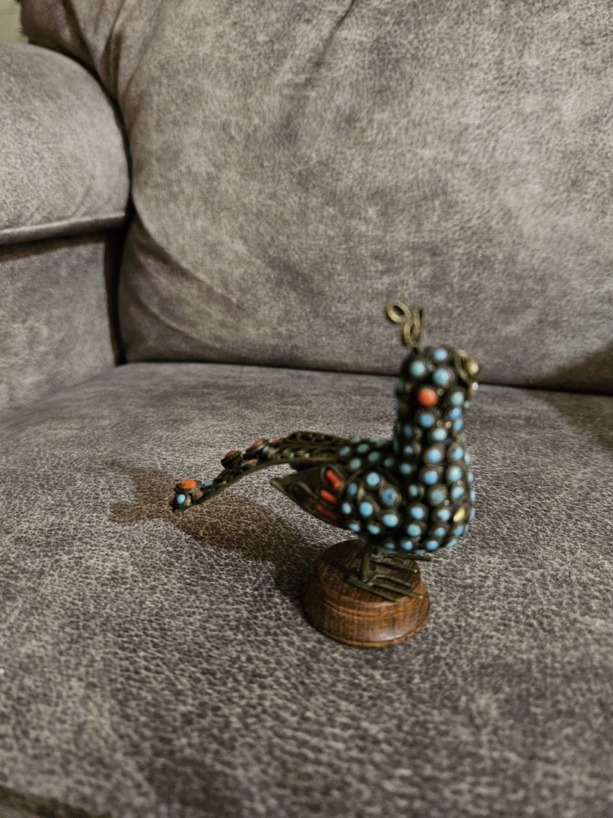 Antique Cloisonne Turquoise & Coral Stone Mosaic Peacock Asian Oriental