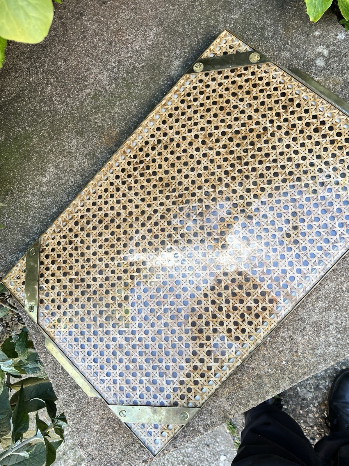 Vintage Mid Century Brass Lucite Rattan serving tray Montagnani Italy 1970s Old