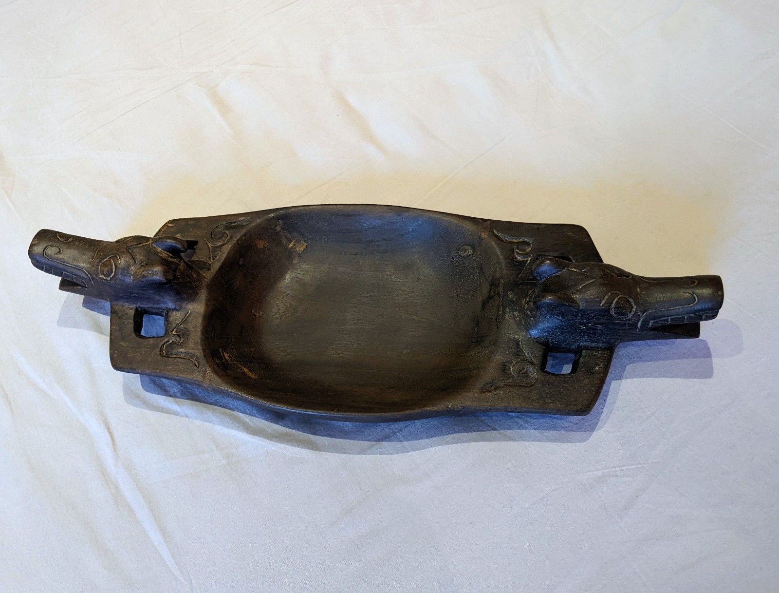 Antique Norwegian Wooden Kjenge Ale Bowl Large 45cm Carved Treen Dragon Horse