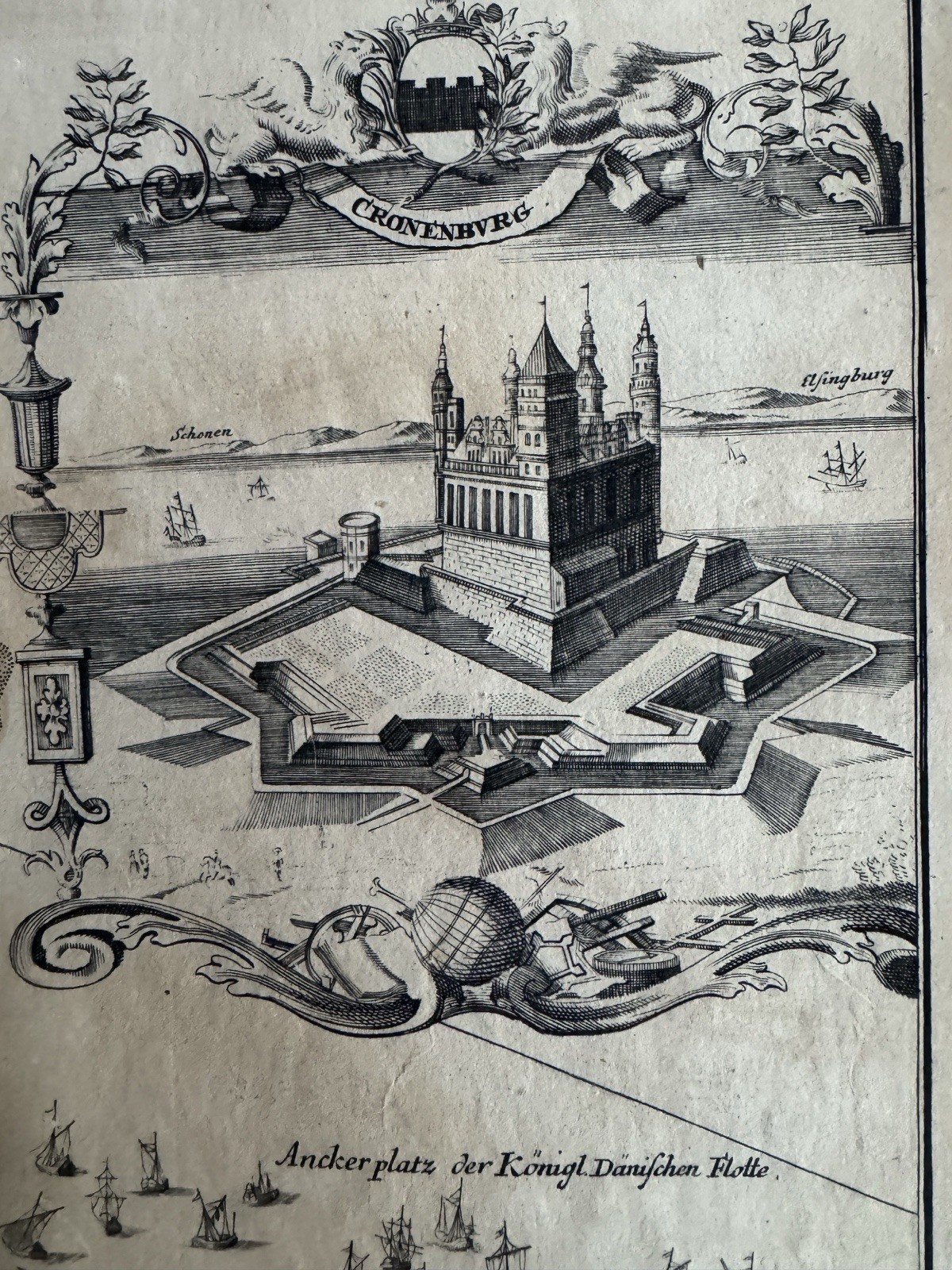 18thC Denmark Map 1706 Kronborg Castle Hamlet Elsinore Homann Copper Engraving