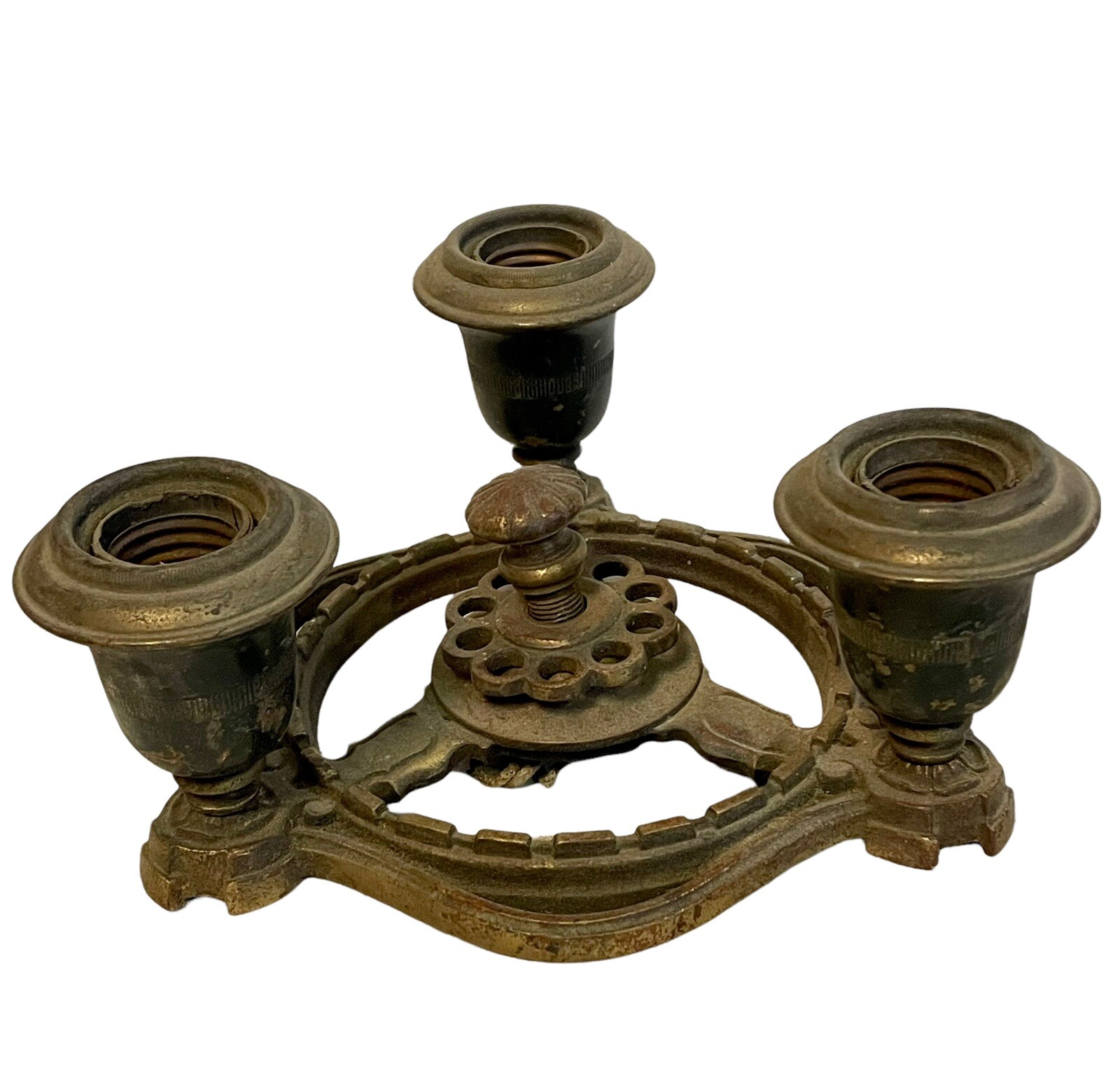 Scarce Antique Art Deco Heavy Cast Bronze 3 Light Flush Mount Fixture H & B 8.5”