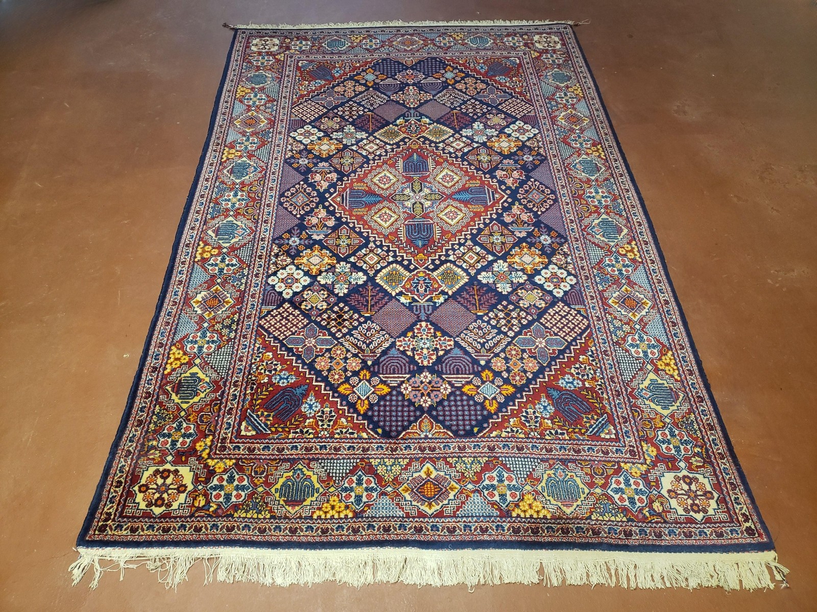 Per’sian Rug 5×7, Dark Blue, Multicolor Panel Design, Wool Handmade