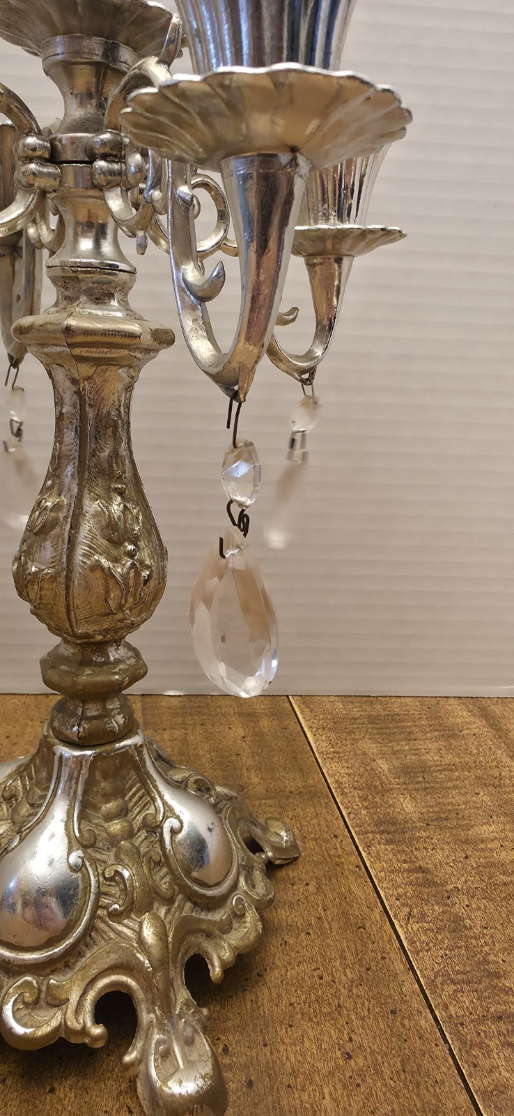 Candelabra 5 Candle Silver Gold Tone Crystals Victorian Mantel Ornate VINTAGE