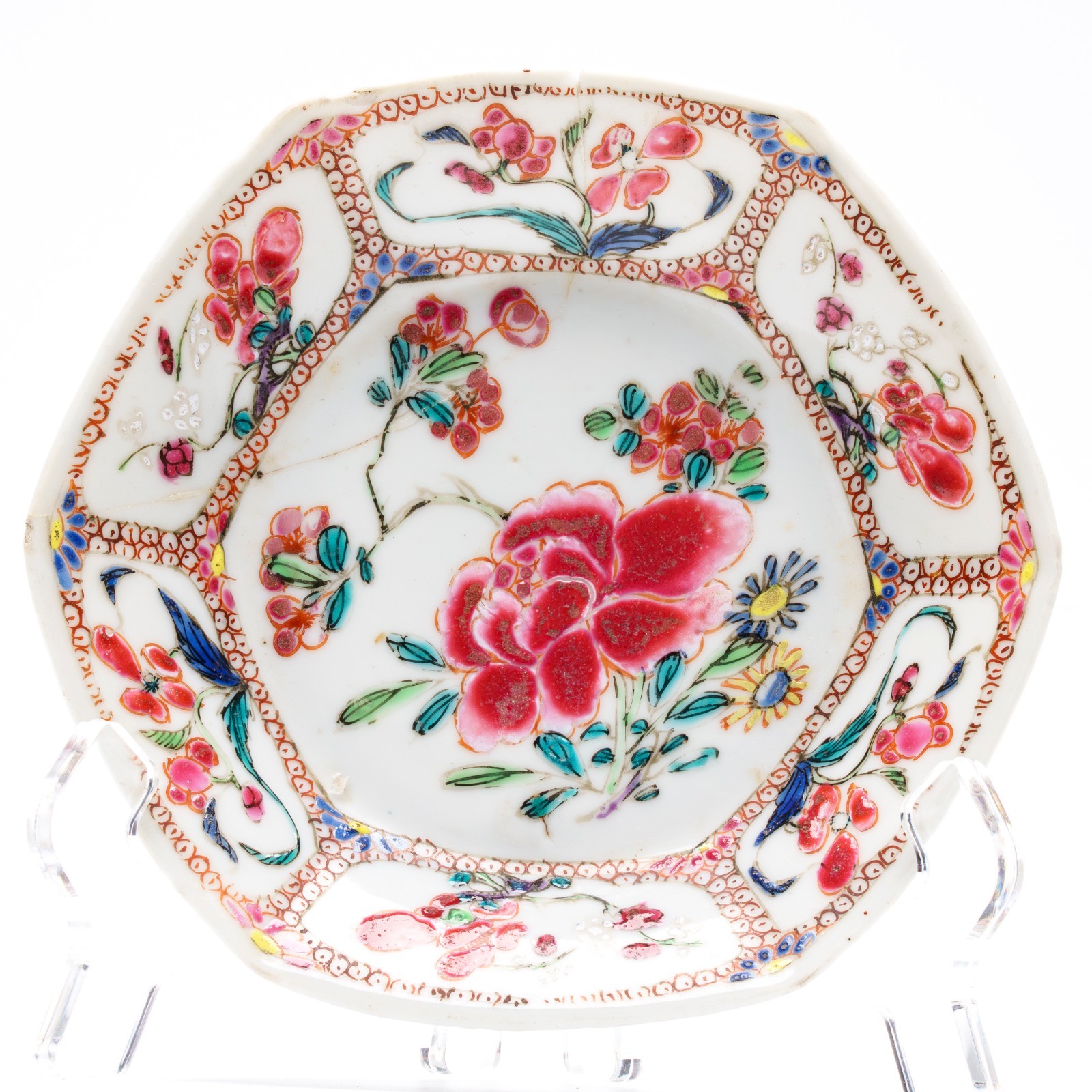 Chinese Porcelain Yongzheng Saucer Famille Rose Flower Symbol Scrolls Qing 18C