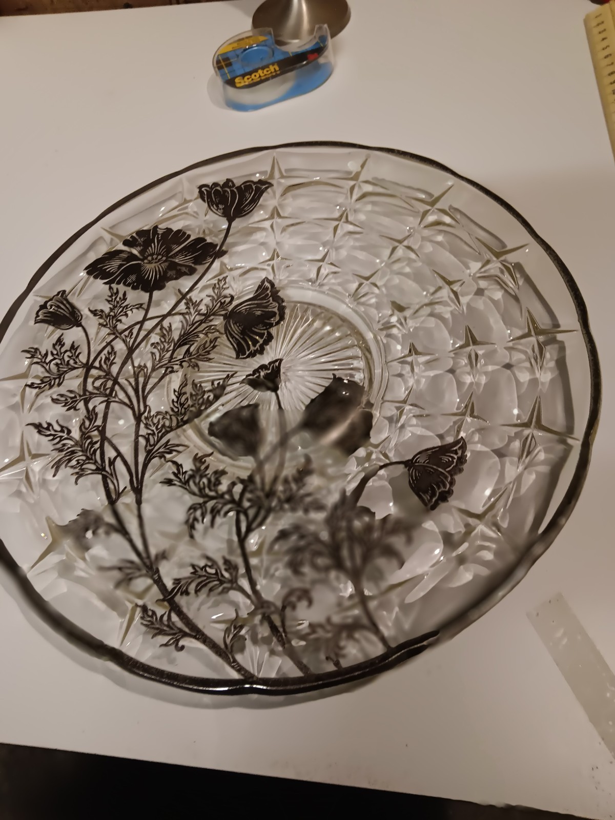 Vintage 1930 Art Deco Silver Overlay Glass Platter. Flowers