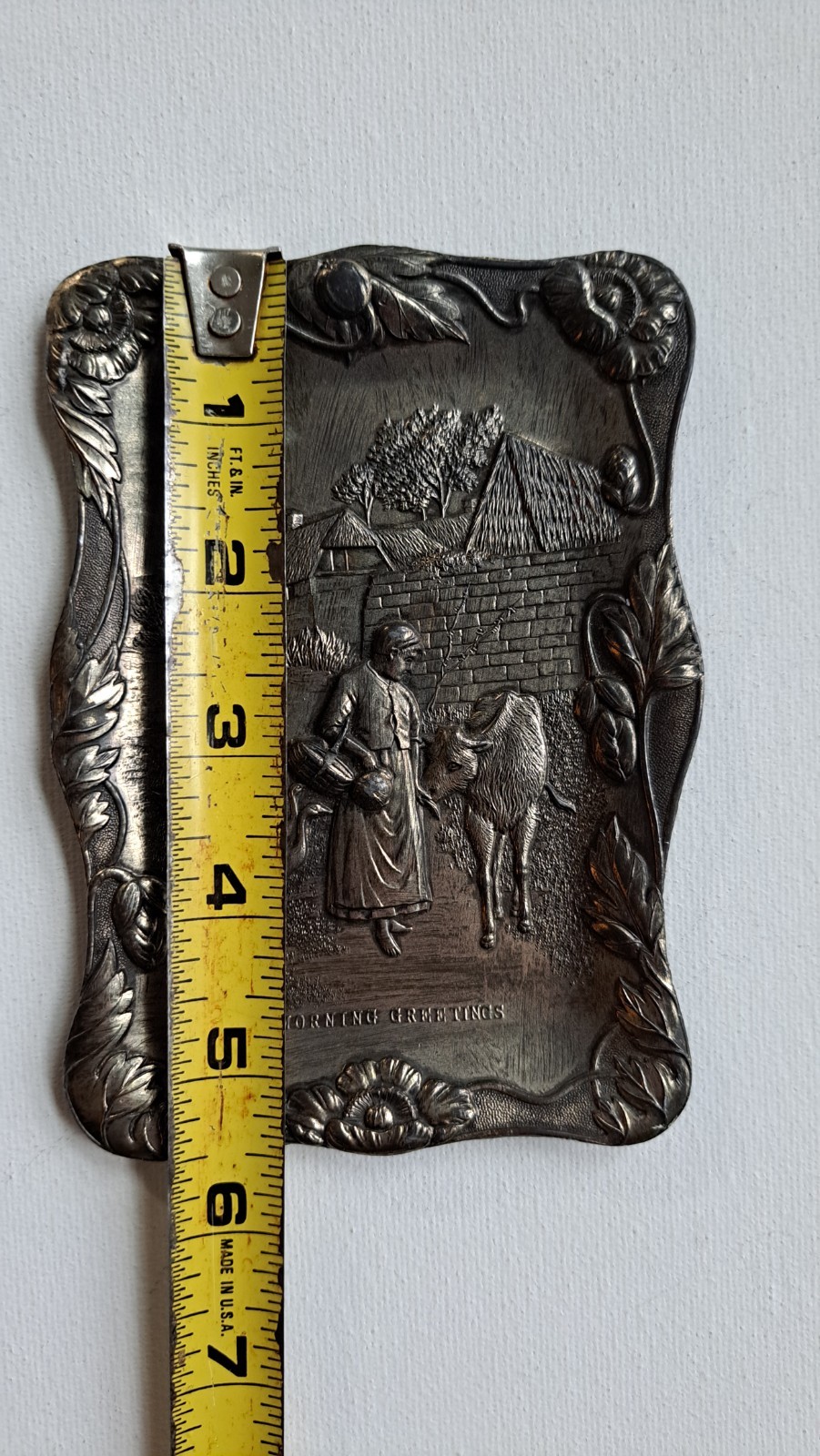 Antique Silver Plate EMBOSSED REPOUSSE TRAY TRINKET DISH Animal Floral Japan Cow