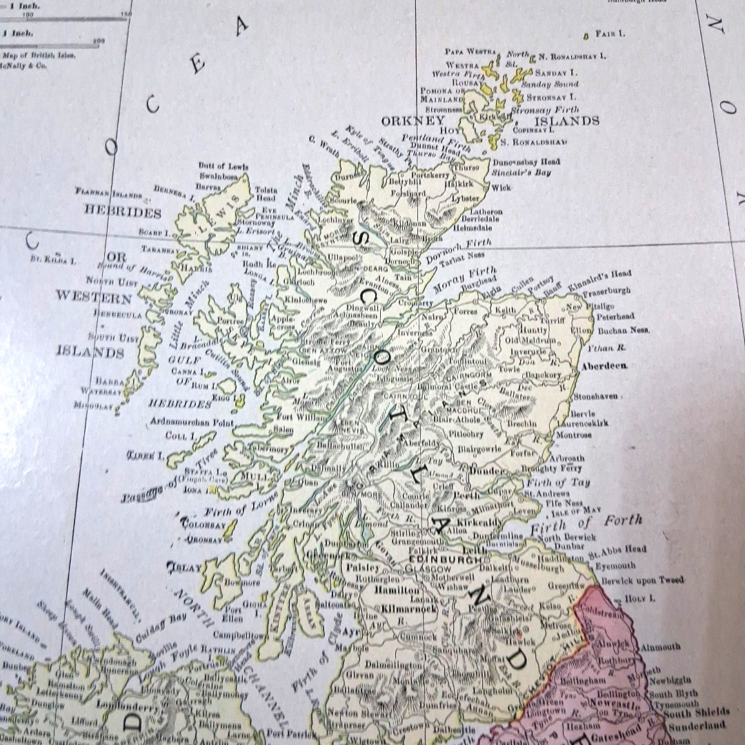 Antique 1905 British Isles United Kingdom Color Map Rand-McNally Atlas Page
