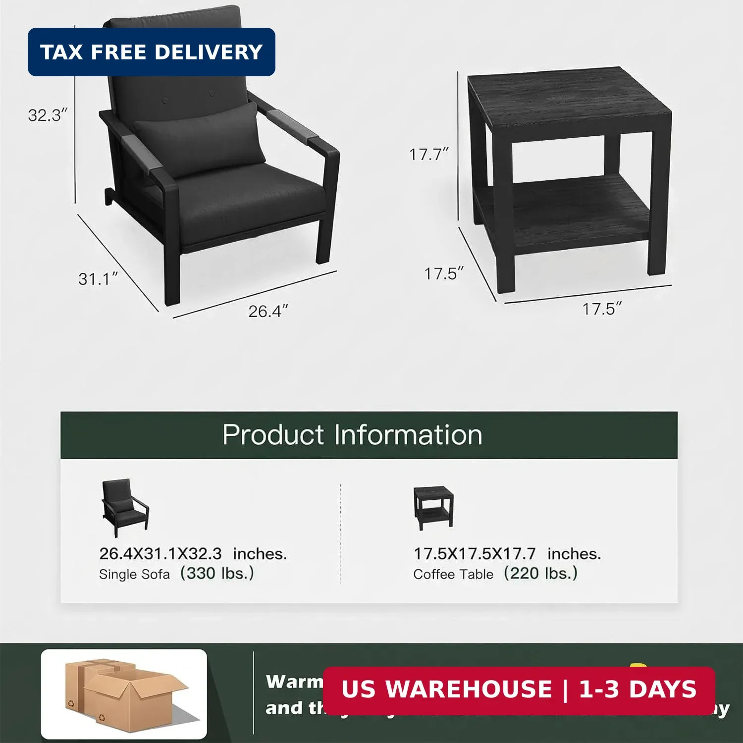 3-Piece Small Patio Set, Gray Aluminum Outdoor Furniture Set with Loveseat, 2 Ch