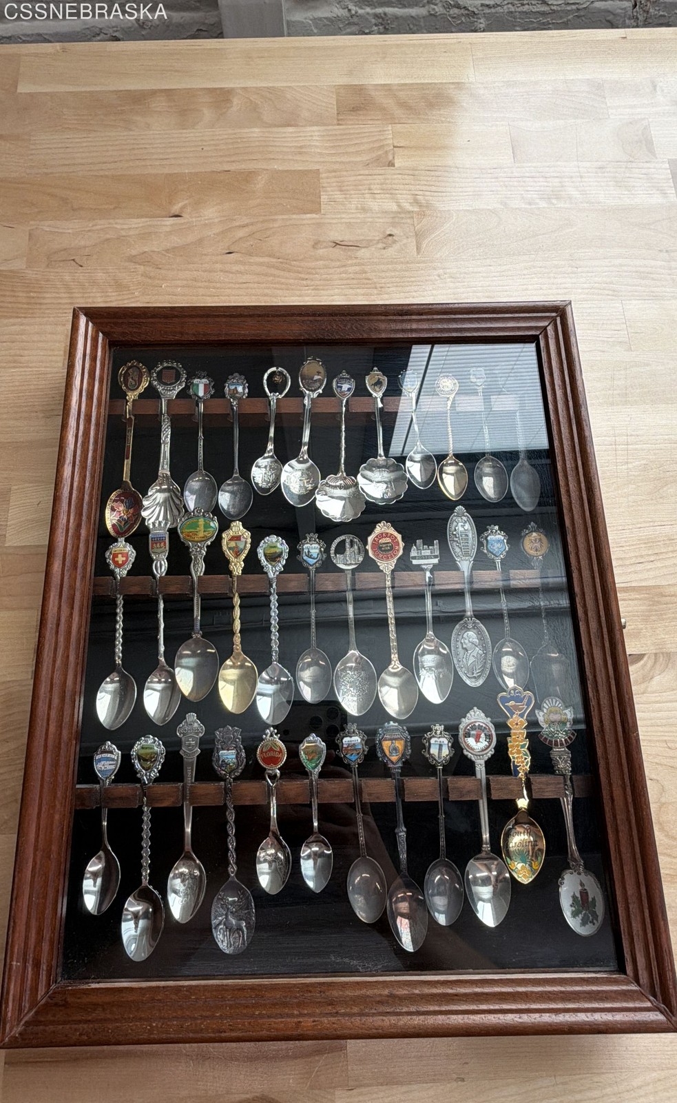 Vintage Souvenir Spoon Collection 48pc Set Silver-Tone Metal Wood Display Case