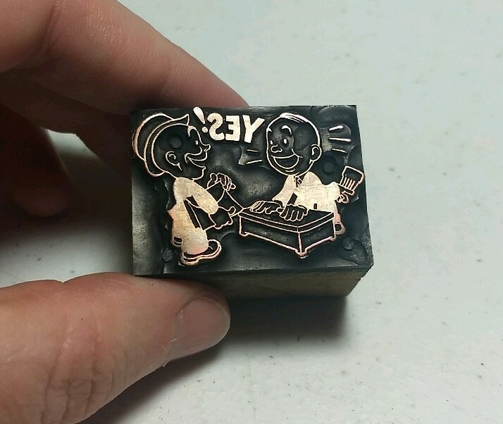 Vintage Letterpress Printing Block Business Men at Desk Briefcase “Yes!”