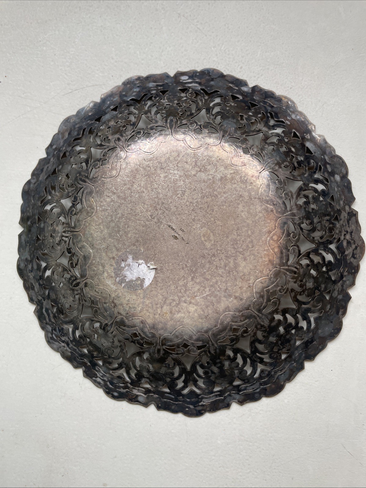 Antique Denmark Pierced Silverplate Dutch Farm Workers Scene Dish 7” Round 1” Hi