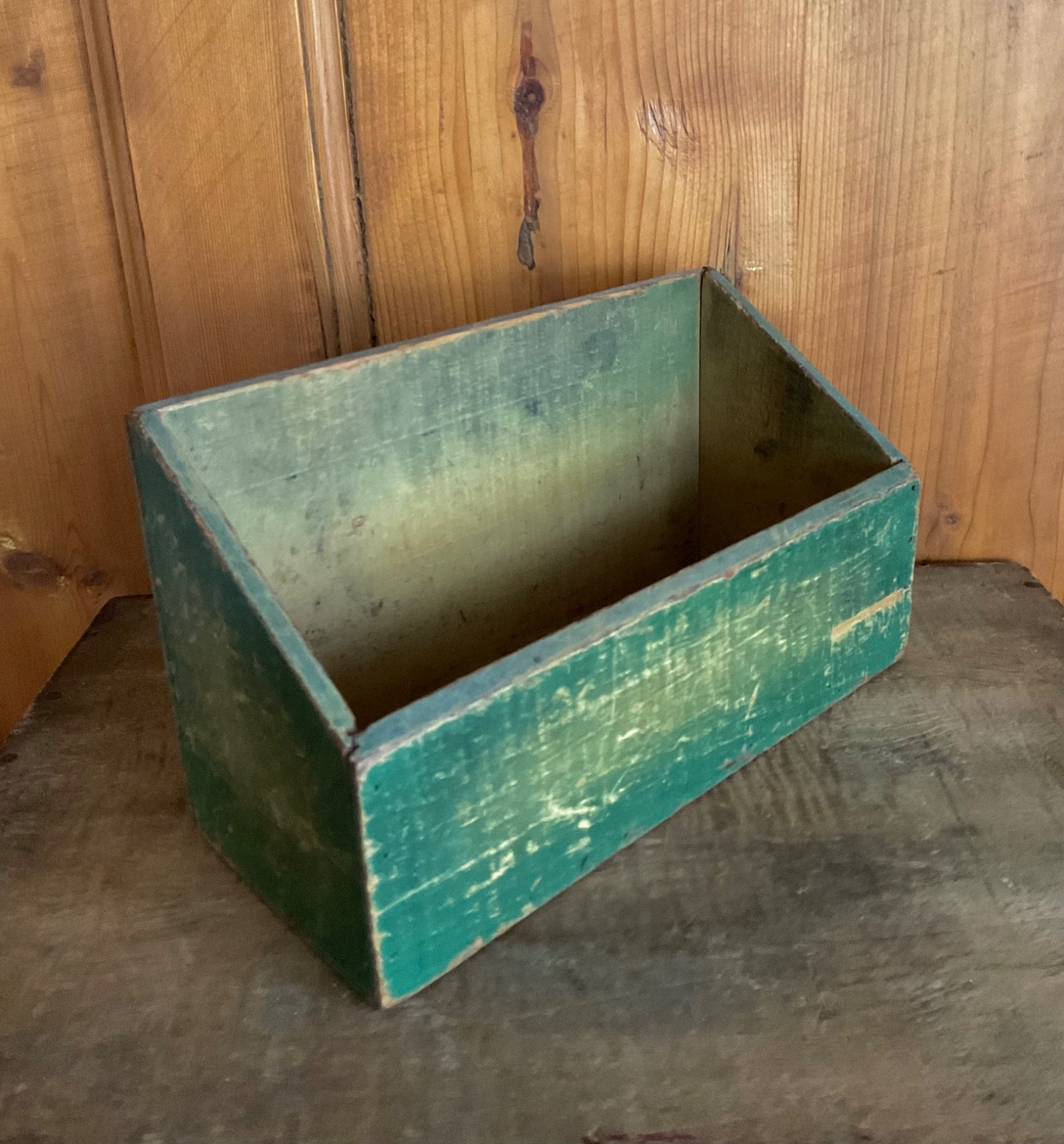 Vtg antique sml wood Store Display BOX or Desk or Candle orig green paint patina