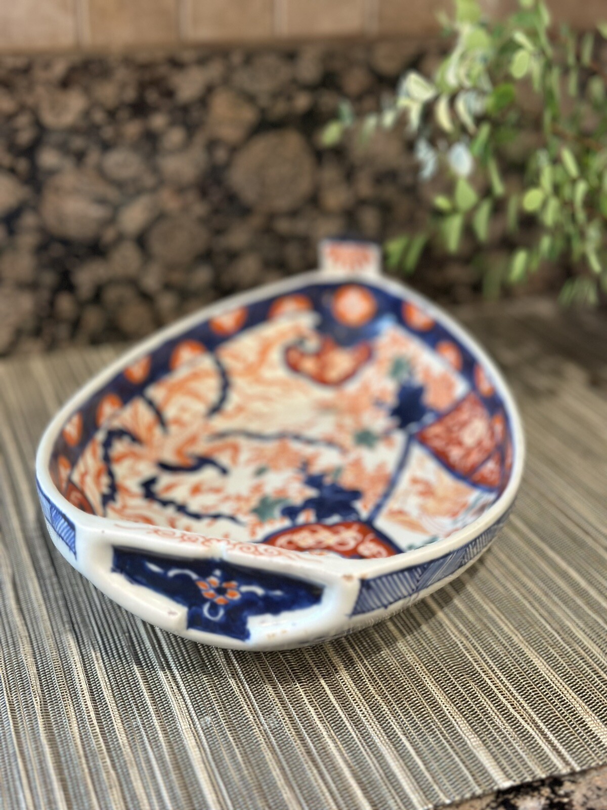 1850-1899 Antique Japanese Meji Period Imari Boat Platter Palatial Hibiscus