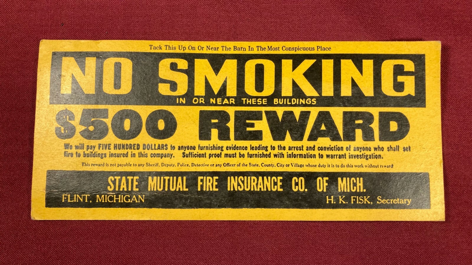 Antique No Smoking Fire Insurance Barn Sign Old Farm Country Store Barn Decor MI