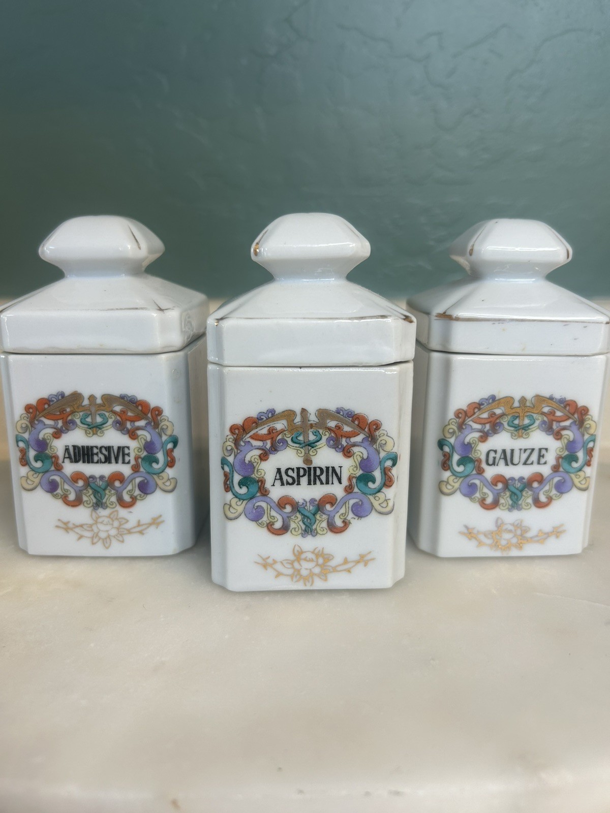 Vintage Japanese Ceramic Apothecary Jar Set of 3 Gauze Aspirin Adhesive Pre-1930
