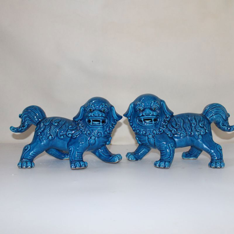 11″ Pair Chinese Blue Porcelain Foo Fu Dog Guardion Lion Ceramics Statue
