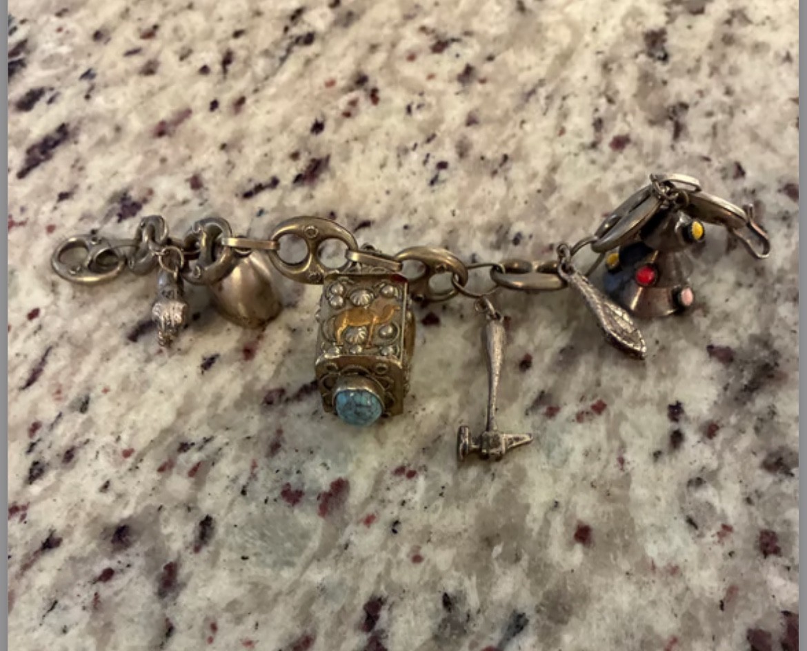 Etruscan Charms Bracelet 800 Sterling Silver Antique Italian Revival 8.5″ 6 fobs