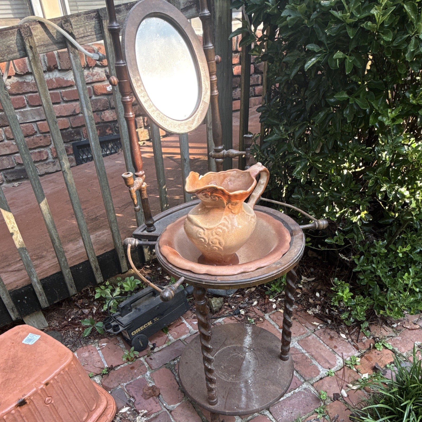 Antique Brown Wood Washstand w/ Mirror, Ceramic Pitcher & Bowl Set